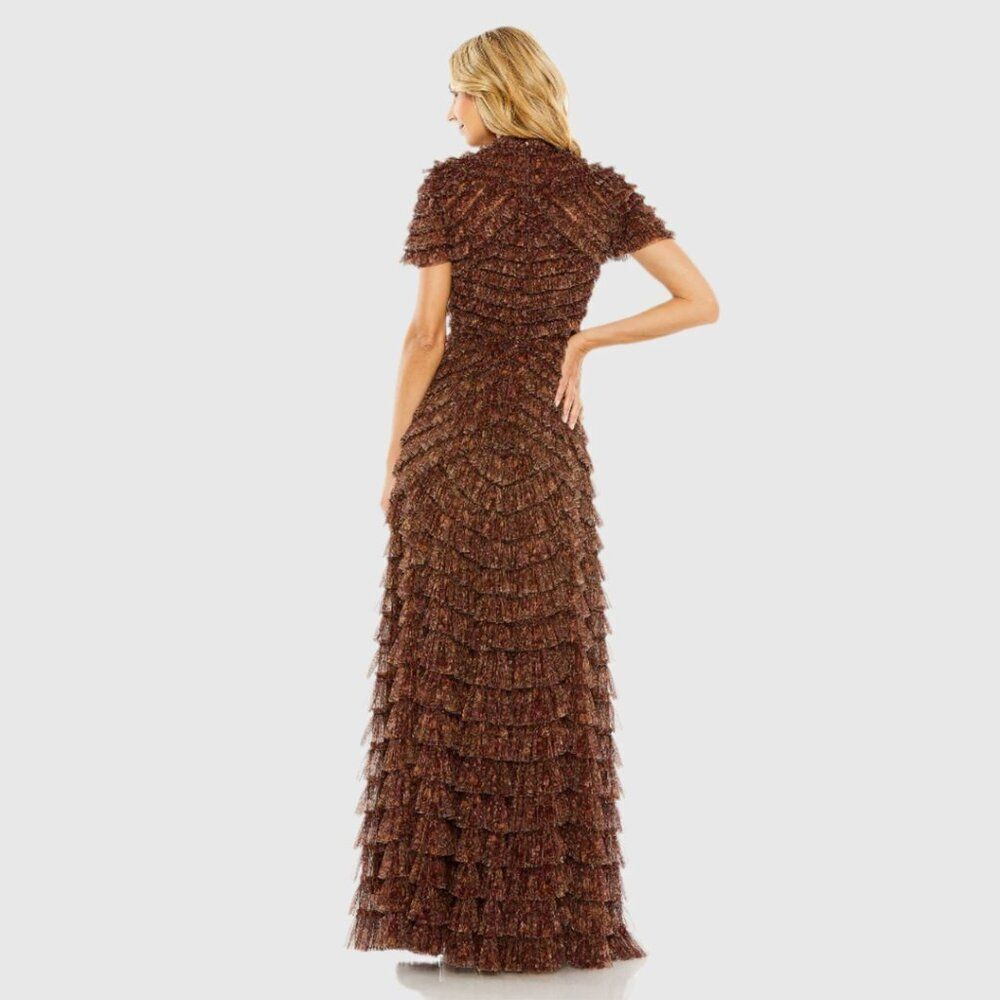 $798‎ Mac Duggal 8042 Size 14 Brown Ruffle Tiered High Neck Long Maxi Dress Gown - Picture 4 of 4